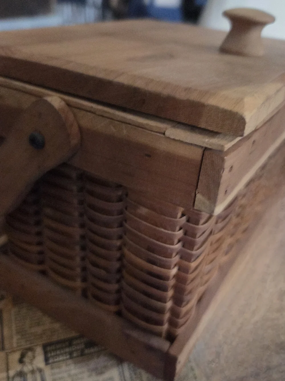 Wooden Woven Basket Box with Lift-Up Lid - Natural Wood